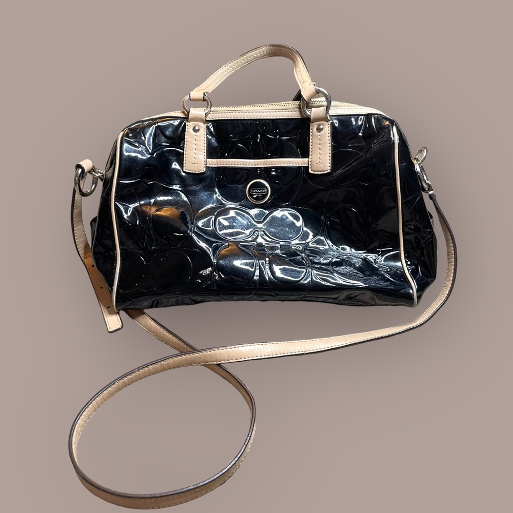 Excellent Used Vintage Coach Signature Stripe Embossed Peyton Patent Satchel Bag